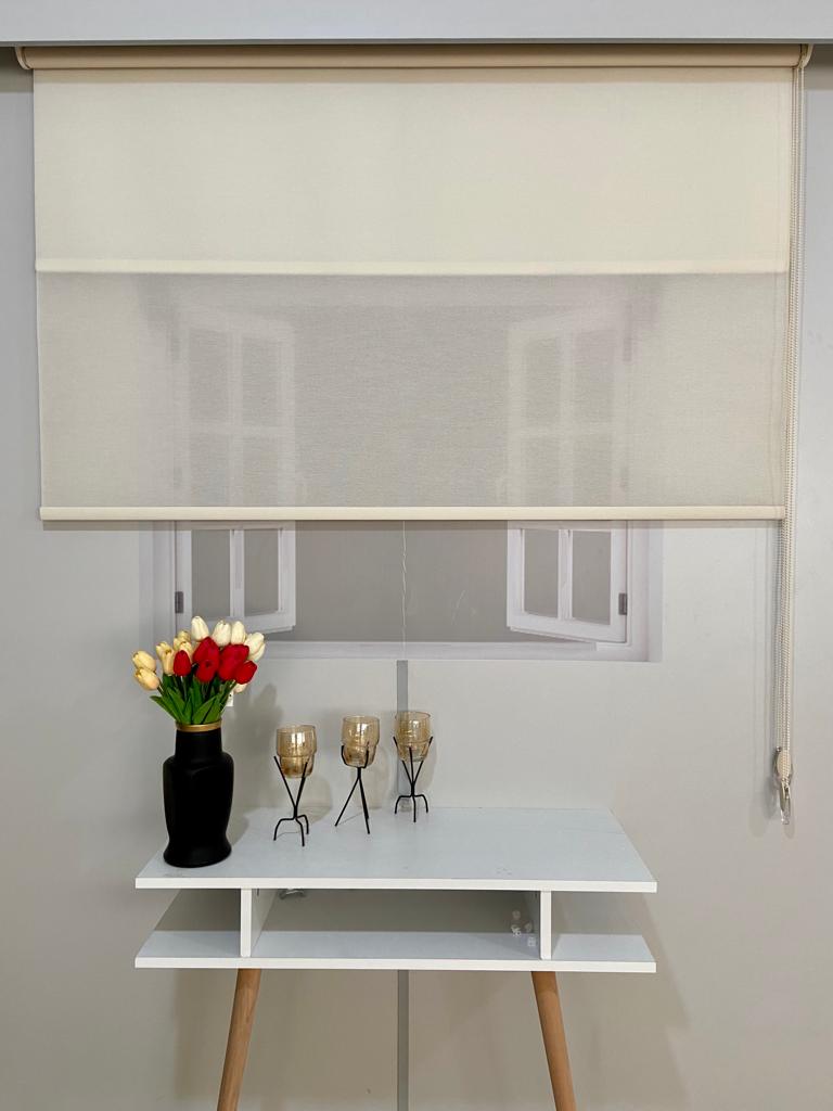 VP1090 Çizgili Çift Mekanizmalı Tül Ve Stor Perde Ekru