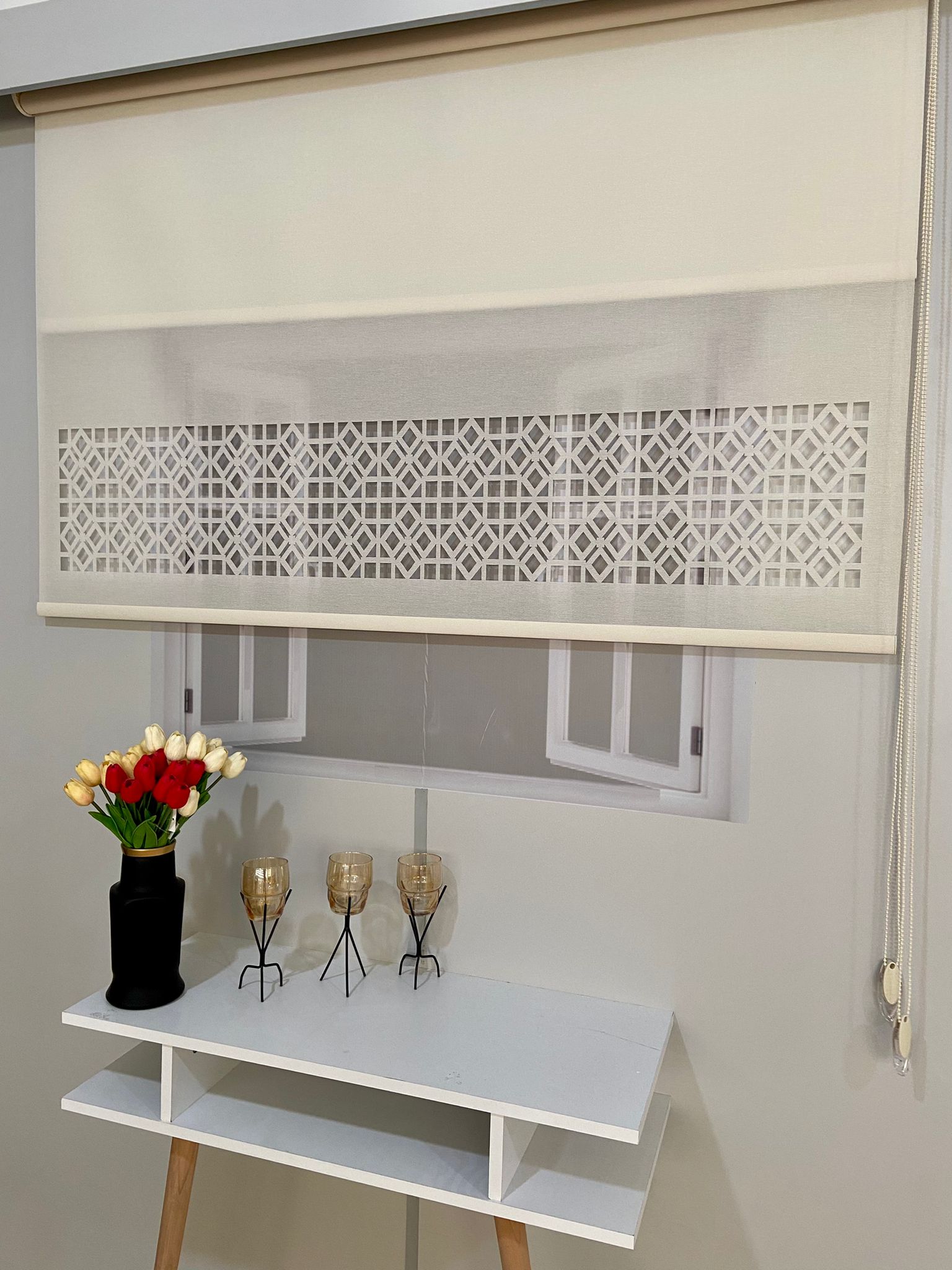 LZR1055 Çift Mekanizmalı Lazer Kesim Tül Ve Stor Perde Krem Ekru