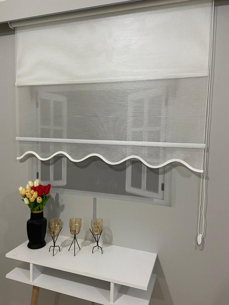 VP1600 Çizgili Çift Mekanizmalı Tül Ve Stor Perde Beyaz