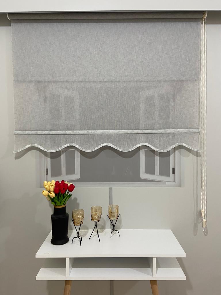 VP1662 Naturel Keten Çift Mekanizmalı Tül Ve Stor Perde Gri Etek Dilimli