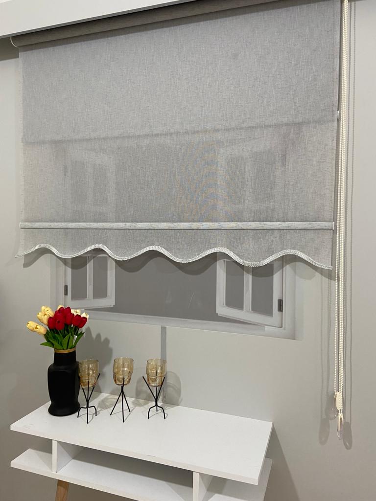 VP1662 Naturel Keten Çift Mekanizmalı Tül Ve Stor Perde Gri Etek Dilimli