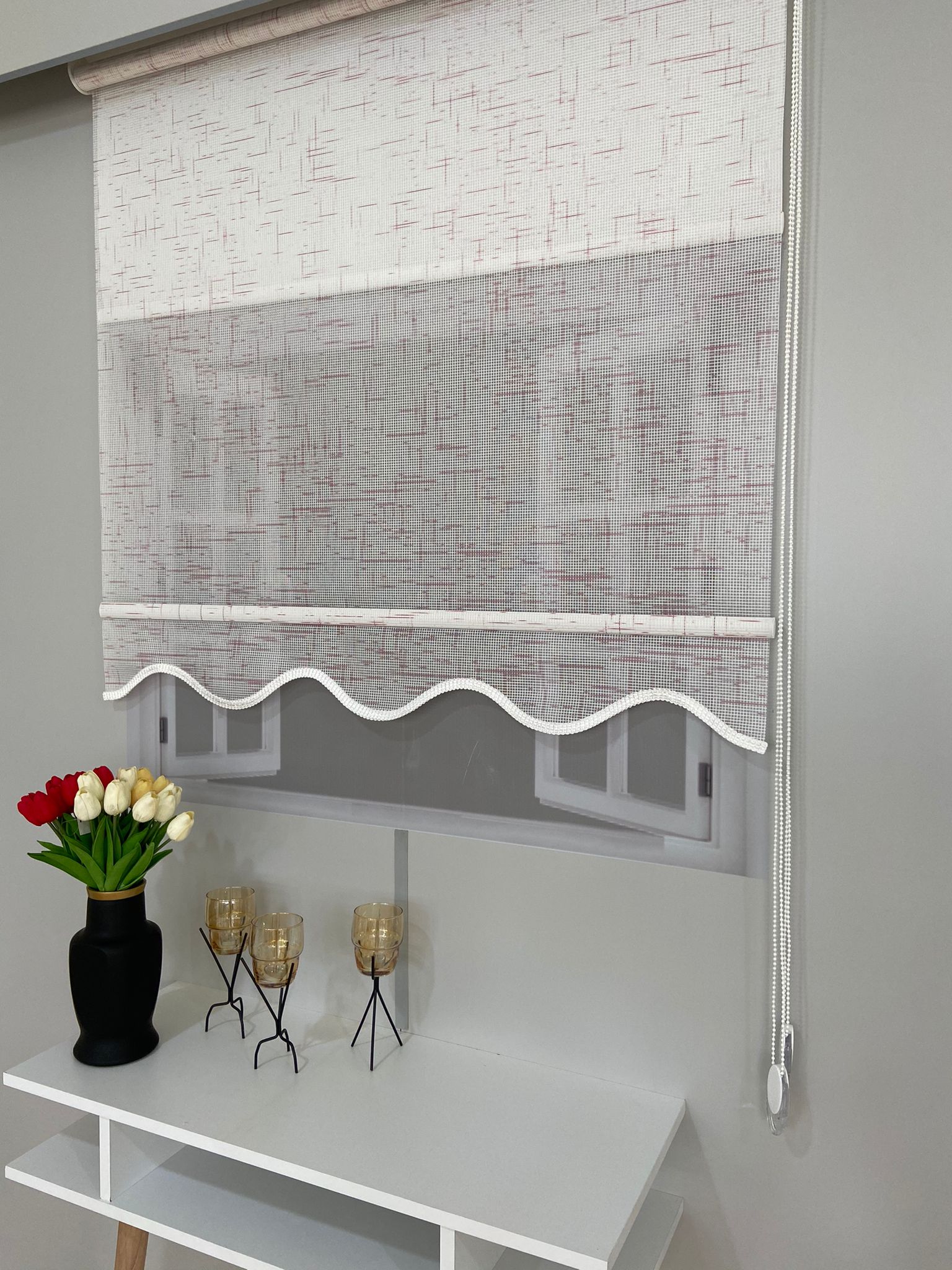 VP1315 Çift Mekanizmalı Renkli Degrade Tül Ve Stor Perde Beyaz Pembe