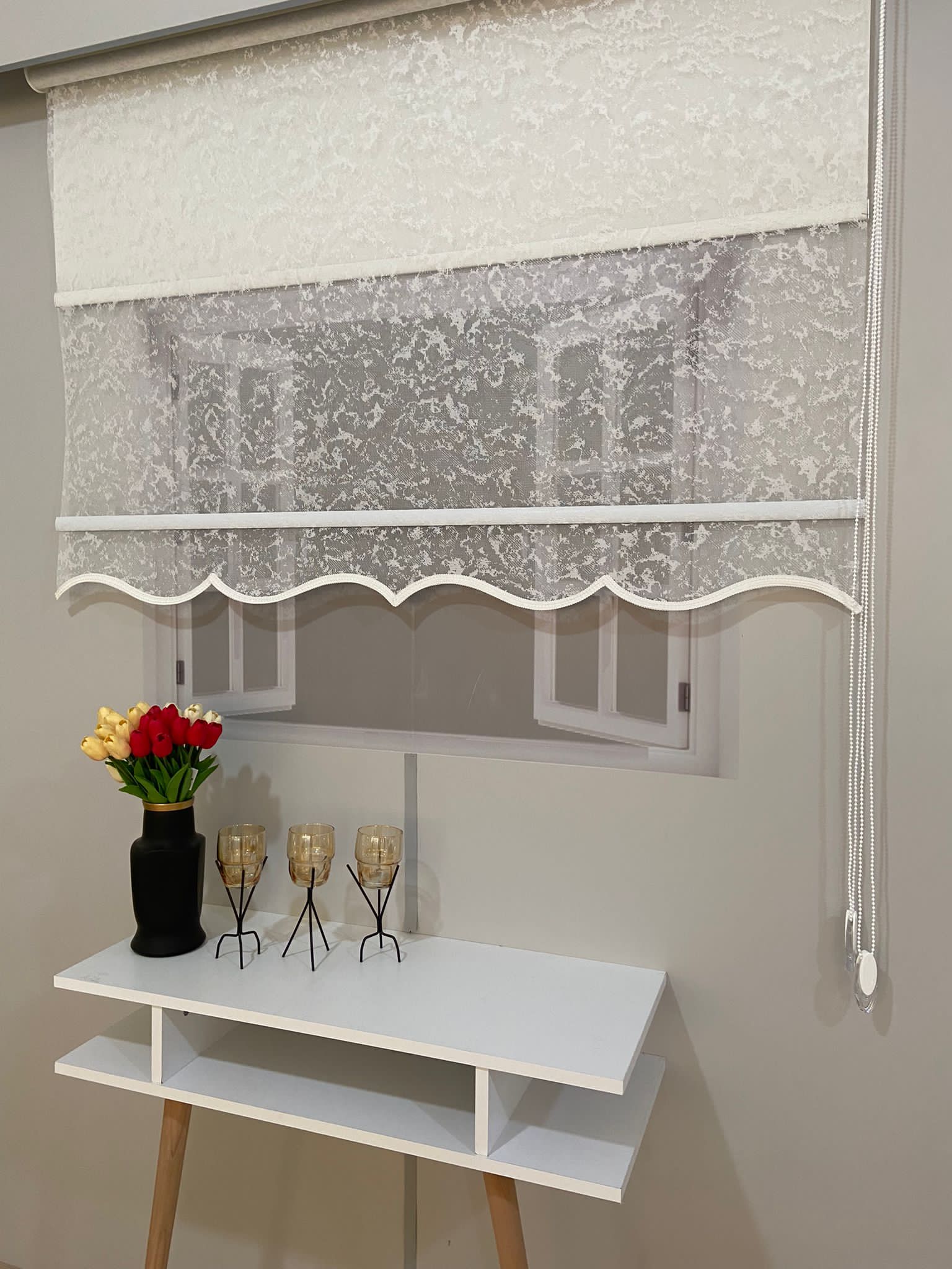 VP2010 Çift Mekanizmalı Tül ve Stor Perde Bulut Desenli Ekru