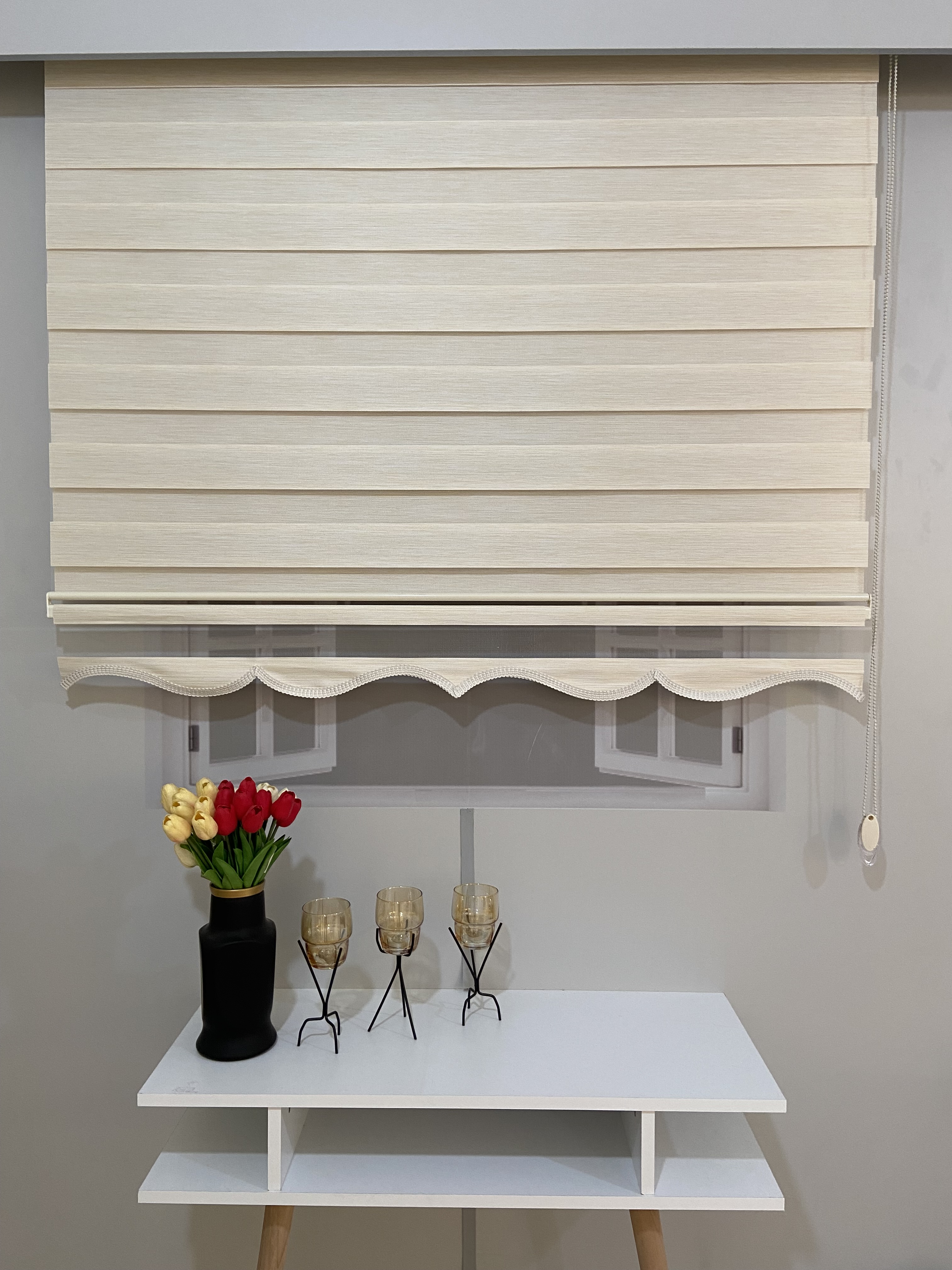 VP913 Bambu Düz Zebra Perde Krem Etek Dilimli