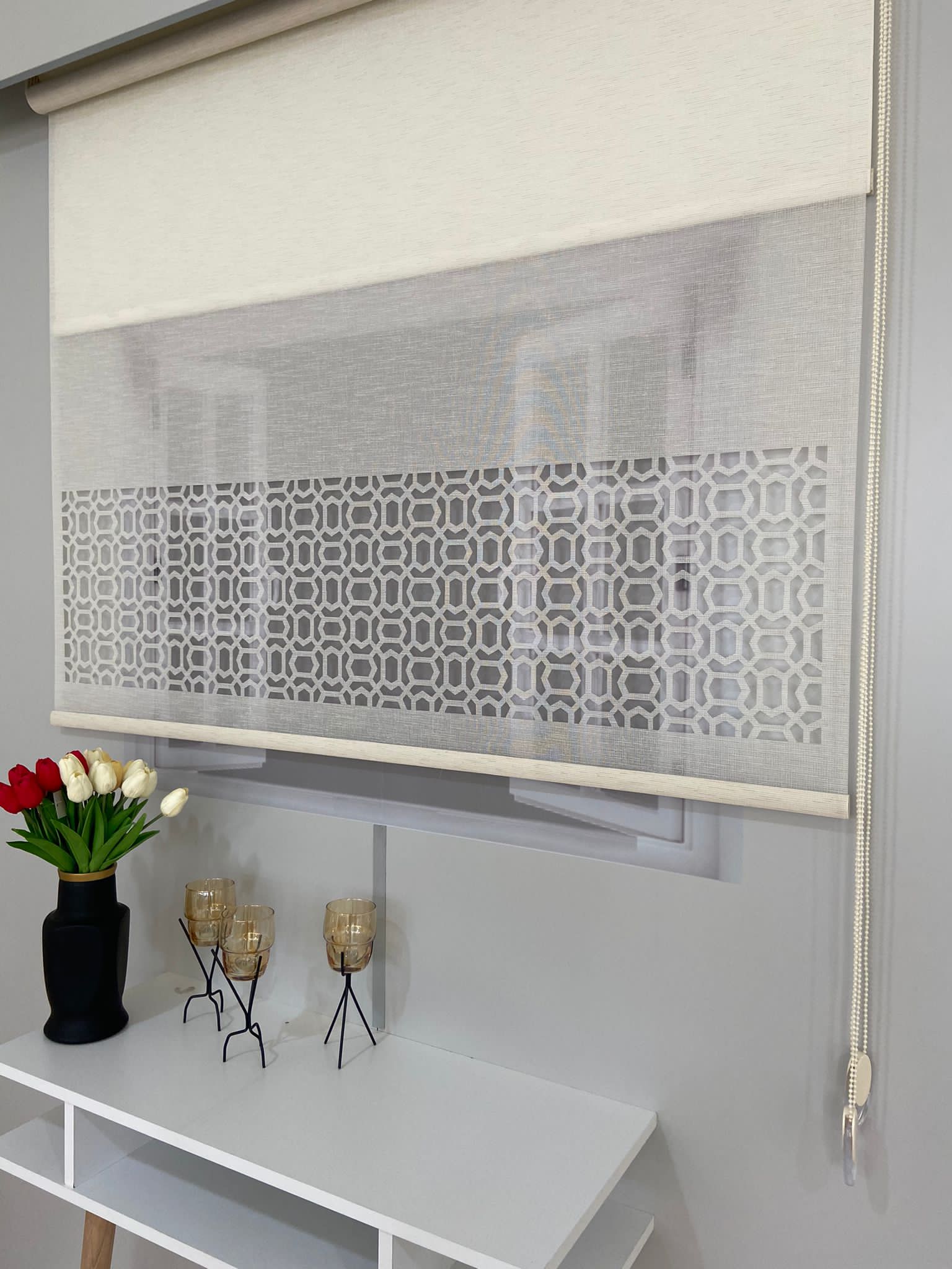 LZR1025 Çift Mekanizmalı Lazer Kesim Tül Ve Stor Perde Krem