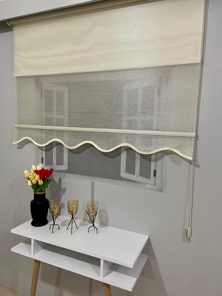 VP1605 Çizgili Çift Mekanizmalı Tül Ve Stor Perde Krem