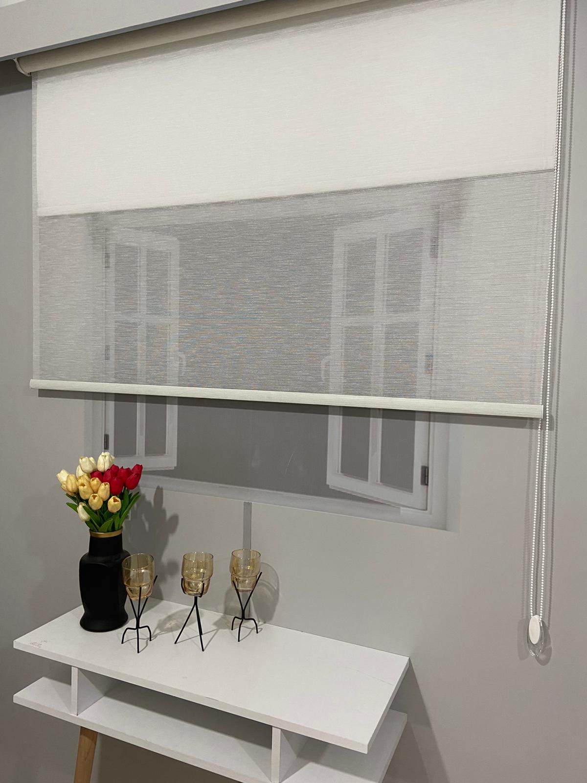 VP1071 Çift Mekanizmalı  karlı zemin Tül Ve Stor Perde Beyaz