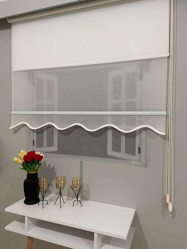 Vp1650 Pırıltı Desenli Çift Mekanizmalı Tül Ve Stor Perde Beyaz Etek Dilimli