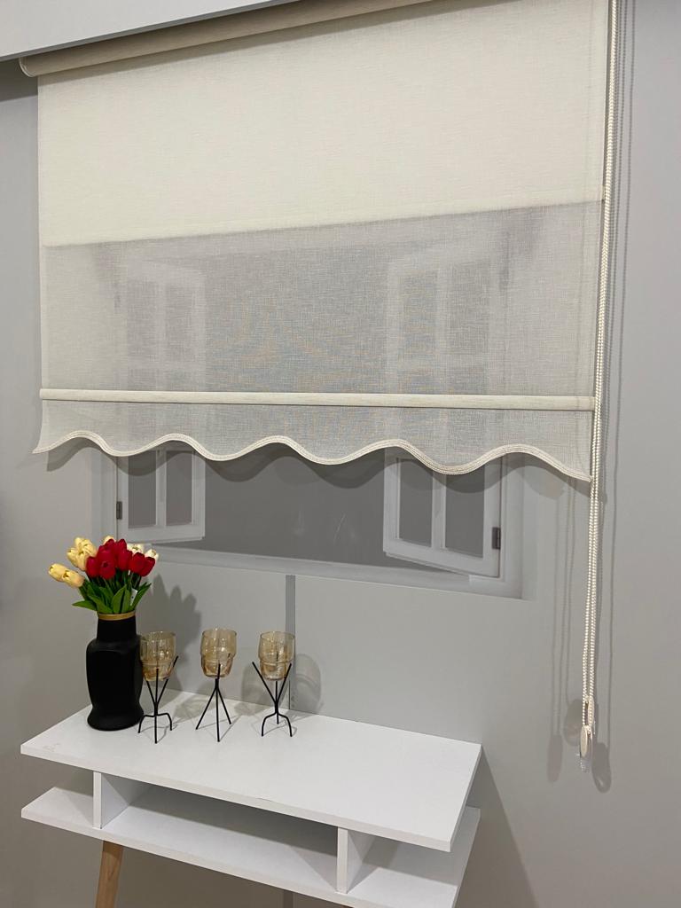 VP1661 Naturel Keten Çift Mekanizmalı Tül Ve Stor Perde Krem Etek Dilimli