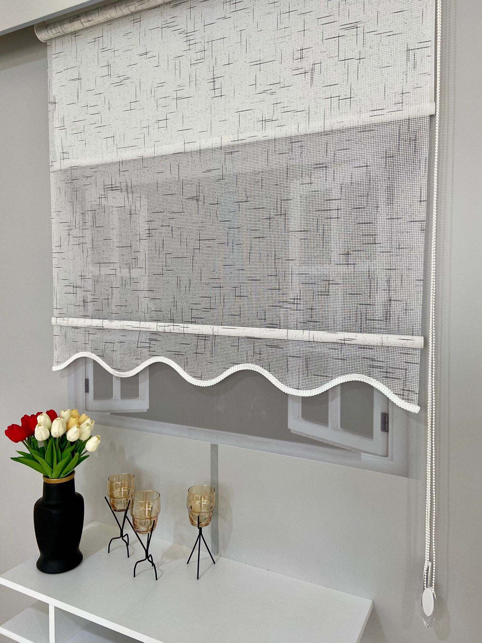 VP1320 Çift Mekanizmalı Renkli Degrade Tül Ve Stor Perde Beyaz Antrasit