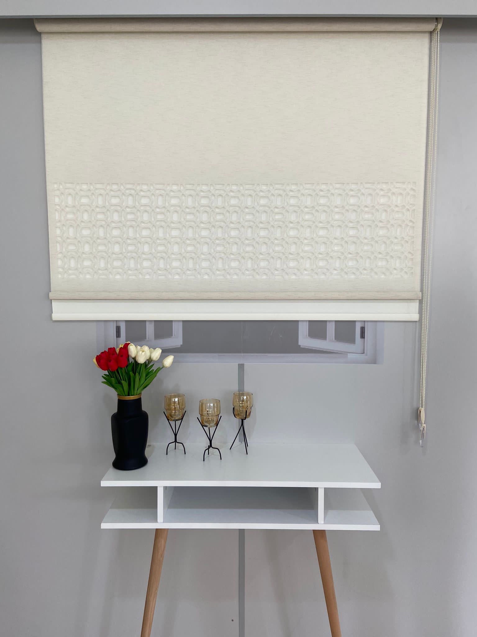 LZR1025 Çift Mekanizmalı Lazer Kesim Tül Ve Stor Perde Krem