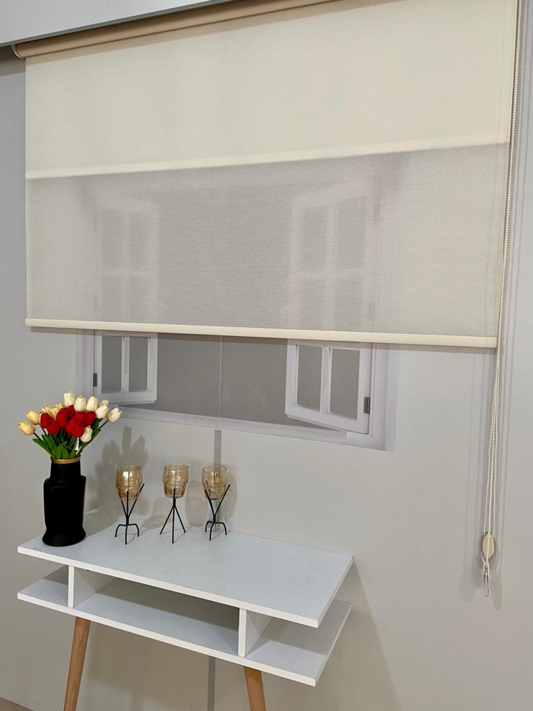 VP1090 Çizgili Çift Mekanizmalı Tül Ve Stor Perde Ekru